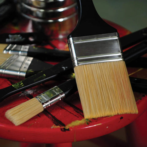 Freestyle Large Scale Broad Flat Brush for Varnishing and Wide Strokes, 4 inch head, short handle on red table, pro grade tool