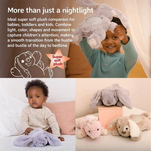 Benny The Bunny Night Light And Star Projector For Babies, Cozy Sleep Aid with plush bunny and toddler, creating bedtime vibes.