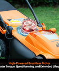 Brushless Cordless Lawn Mower With 48V Max Power 15 Inch Deck close-up on orange body and motor, lawn in background.