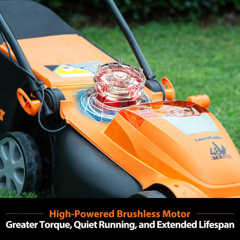 Brushless Cordless Lawn Mower With 48V Max Power 15 Inch Deck close-up on orange body and motor, lawn in background.