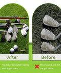 Comparison of clean and dirty golf clubs on grass using Three Pack Microfiber Golf Towels 16x16 Inches With Waffle Texture.