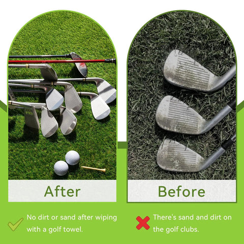 Comparison of clean and dirty golf clubs on grass using Three Pack Microfiber Golf Towels 16x16 Inches With Waffle Texture.