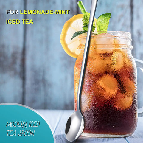 8 Piece 9 Inch Long Handle Stainless Steel Iced Tea Spoons Set with lemonade mint tea in a mason jar