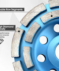 Close-up of a blue Four And One Half Inch Diamond Cup Grinding Wheel Double Row Heavy Duty Cup Disc showing high diamond density segments.