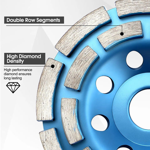 Close-up of a blue Four And One Half Inch Diamond Cup Grinding Wheel Double Row Heavy Duty Cup Disc showing high diamond density segments.