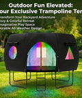 12 Ft Round Trampoline Tent Cover For 12 Ft Frames, Fits 8 Curved Poles, Black Sunshade with LED Lights in a Backyard Setting