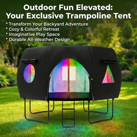 12 Ft Round Trampoline Tent Cover For 12 Ft Frames, Fits 8 Curved Poles, Black Sunshade with LED Lights in a Backyard Setting