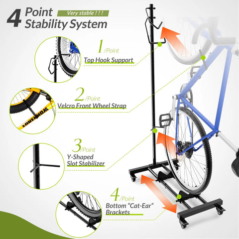 Vertical Bike Stand With Easy Rolling Wheels And Adjustable Height For 29 Inch Wheels, Space Saving Freestanding Bike Rack shown with a bike.