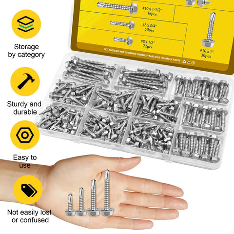 Self Tapping Screws Assortment Kit For Metal, 170-Piece Set In 410 Stainless Steel With Hex Washer Head in labeled compartments