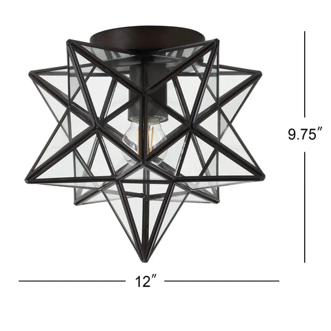 Slick 12 Inch Nickel Moravian Star LED Flush Mount Ceiling Light With Clear Glass Shade Geometric Iron Lantern