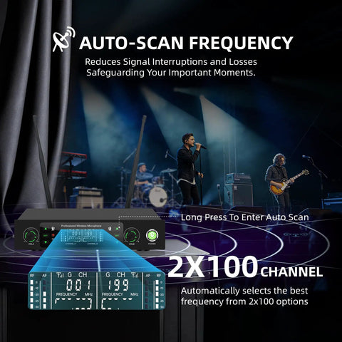 Ultra Long Range Wireless Microphone System 500ft 2.4G Cordless Mic Set with auto-scan frequency on display at music event