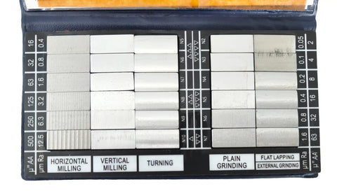 30 Piece Surface Roughness Standards Set With Ra 0.05 To 12.5um Comparators For Quick No Fuss Roughness Testing And Gauge Calibration In Manufacturing. Surface roughness comparator case showing 30 nickel standards for milling, turning, and grinding checks.