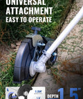 8.75 Inch Lawn Edger Attachment With Tool Free Depth Adjustment, fits most brands, shown edging a lawn with precise cuts.