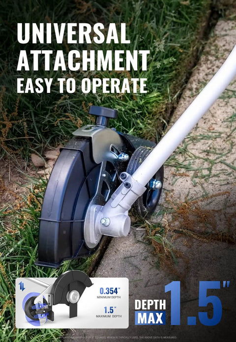 8.75 Inch Lawn Edger Attachment With Tool Free Depth Adjustment, fits most brands, shown edging a lawn with precise cuts.