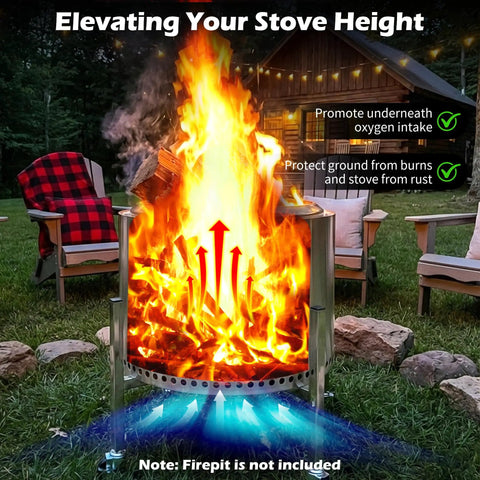 Firepit Stand With 360 Degree Swivel And Locking Wheels Stainless Steel Elevating Stand For 19.5 To 27 Inch Fire Pits Including Solo Stove Bonfire Yukon Great For Grilling And Chillin In The Backyard elevates firepit in backyard with flames, showing airflow and ground protection.
