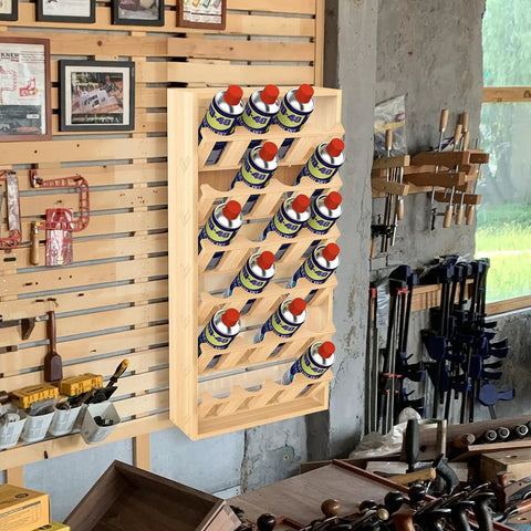 6 Tier Wall Mount Can Rack For 24 Spray Paint Or Lube Cans, Wood Shelf Organizer, Easy Access Garage Storage Solution
