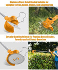 Cordless 21V String Trimmer with metal and saw blades cutting grass and trimming bushes, includes 2x2.0Ah batteries and charger.