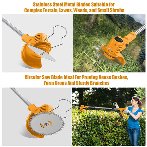 Cordless 21V String Trimmer with metal and saw blades cutting grass and trimming bushes, includes 2x2.0Ah batteries and charger.