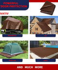 Image showcasing the Twenty By Twenty Foot Heavy Duty Waterproof Tarp Cover Built To Last 12 Mil Thick With UV Shield And Rugged Reinforced Edges Reversible Tarpaulin For Roof Camping Patio Pool Or Boat Use Rip And Tear Proof In Brown And Silver, covering motorcycle, car, tent, and pool.