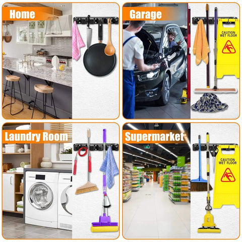 Wall Mounted Mop And Broom Holder Organizer Rack in home kitchen garage laundry room supermarket scenes