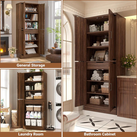 Heavy Duty 71 Inch Tall Farmhouse Pantry Cabinet With Genuine Barn Doors And Adjustable Shelves To Beat Kitchen Chaos And Level Up Your Whole Home Storage Game For Days in laundry and bathroom settings.