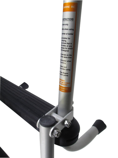 Removable Folding 5 Step Pontoon Boat Ladder With Anodized Aluminum Tubing Built Tough And Holds Up To 300 Lbs Stows Easily On Deck With Rail Mount Clips For Quick Access And Compact Storage., close-up of rail mount clip and anodized aluminum tubing