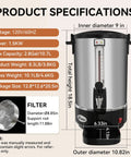 Product specifications for Commercial Coffee Urn 70 Cup Electric Coffee Dispenser Stainless Steel Hot Beverage Dispenser 10.7L Capacity For Parties Restaurants Offices And Homes, showing dimensions, voltage, and power.