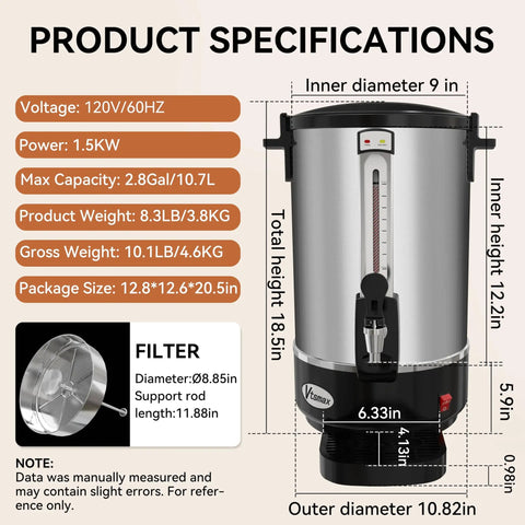 Product specifications for Commercial Coffee Urn 70 Cup Electric Coffee Dispenser Stainless Steel Hot Beverage Dispenser 10.7L Capacity For Parties Restaurants Offices And Homes, showing dimensions, voltage, and power.