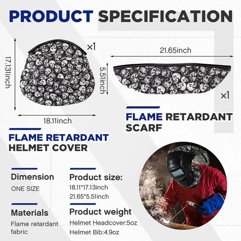 Product specifications for 2 Pack Welding Helmet Cover And Bib Set With Flame Retardant Fabric, Press Fit Neck Seal, skull pattern design.