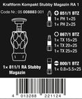 Graphic of Kraftform Kompakt Stubby Ratchet Screwdriver With Bit Magazine, 6 Piece Set components and specifications.