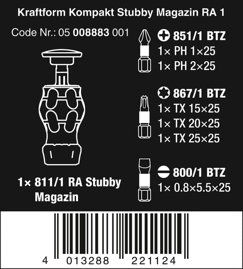 Graphic of Kraftform Kompakt Stubby Ratchet Screwdriver With Bit Magazine, 6 Piece Set components and specifications.