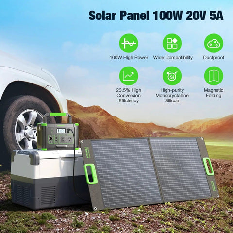 Image of a 100W Portable Foldable Solar Panel For Power Stations And Generators Ideal For Outdoor Camping Van Life And RV Trips High Efficiency Solar Charger With 20V Output And Support For Multiple DC Adapters, displayed outdoors with power station.