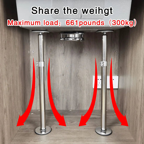 Undermount Sink Brackets Stainless Steel Adjustable Sink Legs Kit with no drill setup supporting kitchen sinks, shown under sink.
