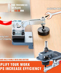 All Metal Concealed Hinge Jig with 35mm Drilling Hole Template and Quick Clamp in use on wooden board.