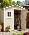 Wooden shed with open door showing tools inside, highlighting use of heavy duty shed door lock latch with T handle.