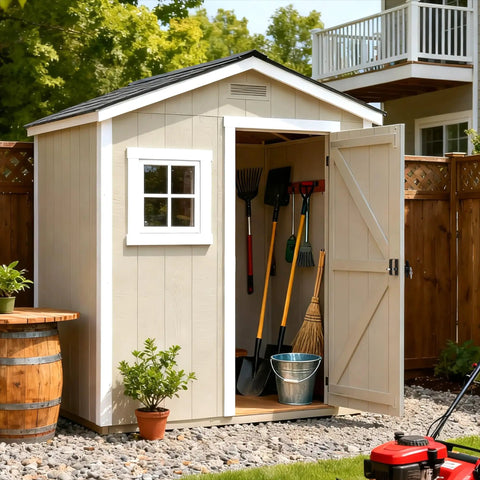 Wooden shed with open door showing tools inside, highlighting use of heavy duty shed door lock latch with T handle.