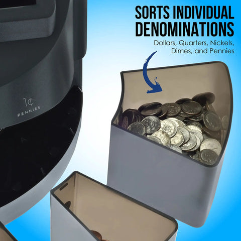 Efficient Coin Counter Sorter And Wrapper Machine sorting individual denominations with 48 preformed gray wrappers visible