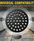 Solid 4.5 Inch Cast Iron Floor Drain Cover Round Heavy Duty Drain Strainer For Bathrooms And Patios Bombproof Grime Guard shown in various settings.