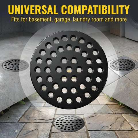 Solid 4.5 Inch Cast Iron Floor Drain Cover Round Heavy Duty Drain Strainer For Bathrooms And Patios Bombproof Grime Guard shown in various settings.