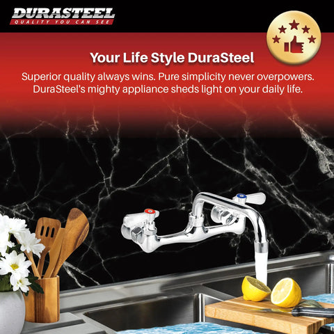 No Lead 8 Inch Center Wall Mount Kitchen Sink Faucet With 10 Inch Swivel Spout Dual Lever Handles Brass Body Chrome Polished Finish NSF Certified Built To Last Heavy Duty Commercial Grade Utility Tap installed over a stainless steel kitchen sink with wooden utensils and flowers.
