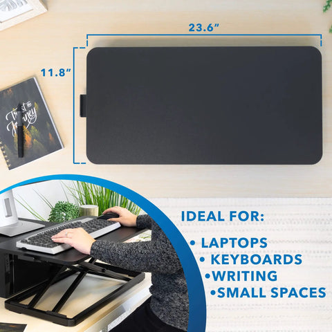 Sit Stand Keyboard Tray For Desk With Height Adjustable Riser And Large 23.6 Inch By 11.8 Inch Surface, shown on desktop