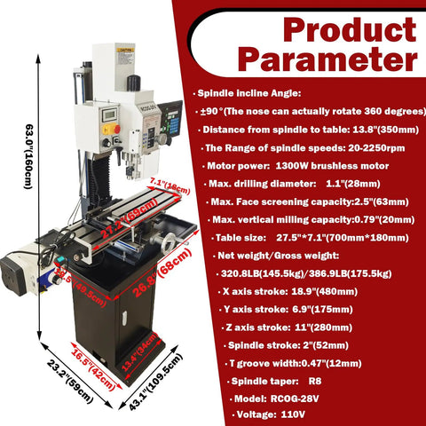 Heavy Duty 1300W Mill Drill Machine Boasts A Crisp DRO Display And A Brushless Motor For Rock Solid Variable Speed Power Feed.