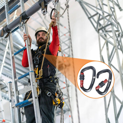Person on ladder using Beefy 25kN Locking Climbing Carabiner UIAA Certified Heavy Duty Large Size with knurl nut lock