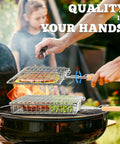 Fish Grill Basket Set With Removable Wooden Handle And 304 Stainless Steel Construction, Nesting BBQ Tools in use on grill