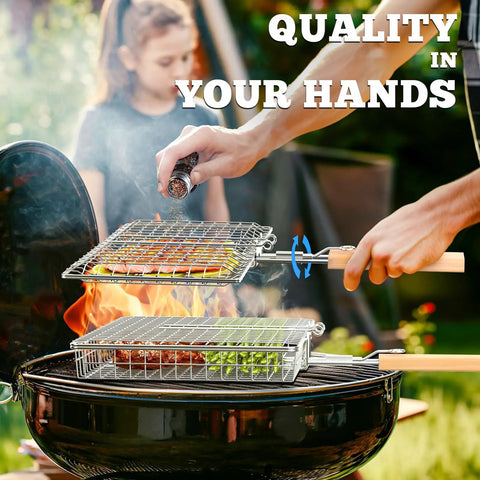 Fish Grill Basket Set With Removable Wooden Handle And 304 Stainless Steel Construction, Nesting BBQ Tools in use on grill