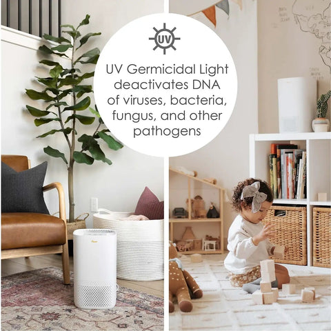 True HEPA Air Purifier With UV Light for clean air in 250 sq ft room, shown in living room and nursery with text UV germicidal light deactivates DNA