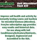 Text about using Soil Microbial Test Kit For Quick Health Check Of Your Dirt, 5 Tests, Real Results In 10 Minutes, Made In USA.