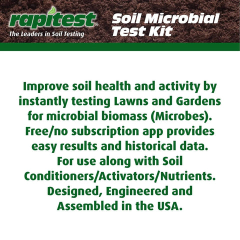 Text about using Soil Microbial Test Kit For Quick Health Check Of Your Dirt, 5 Tests, Real Results In 10 Minutes, Made In USA.