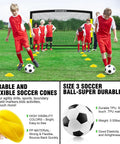 Kids playing soccer on grass with Two Pack Easy Fold Portable Pop Up Soccer Goals 6x4 and 7x5 ft, cones, and balls visible.