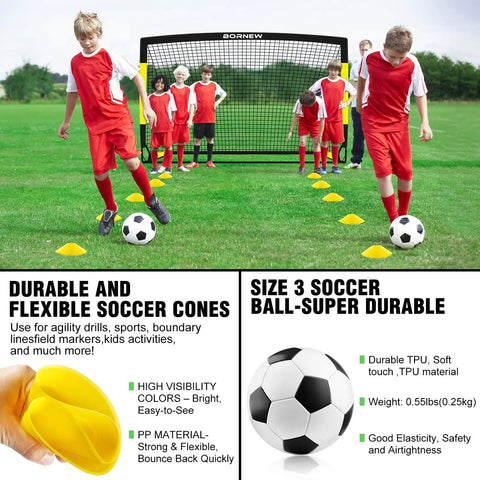 Kids playing soccer on grass with Two Pack Easy Fold Portable Pop Up Soccer Goals 6x4 and 7x5 ft, cones, and balls visible.